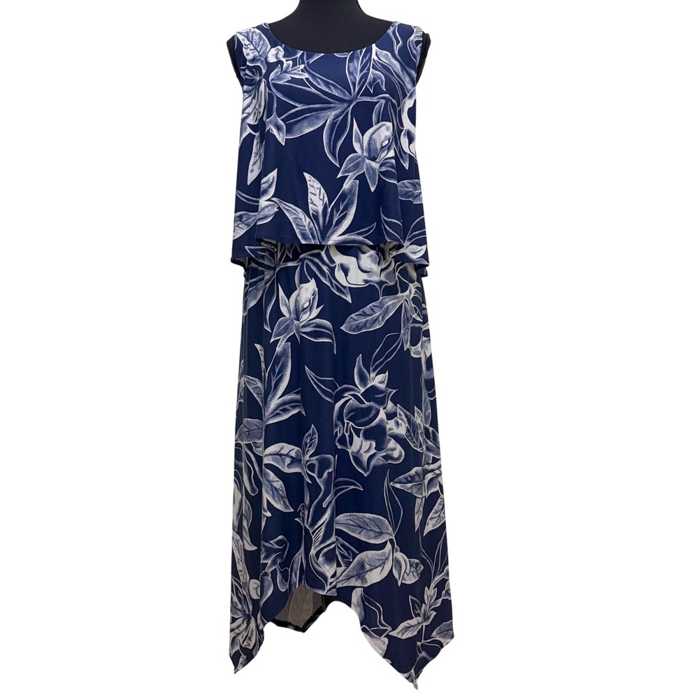 NEW Soma Layered Dress Laguna Lines Navy Floral Sharkbite Hem XL Stretch Pockets